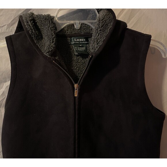LAUREN RALPH LAUREN Suede Sherpa Lined Hooded Gray Equestrian Zip Vest M - Picture 6 of 9